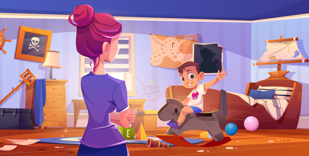 Naughty kid playing in messy room cartoon. Positive Punishment