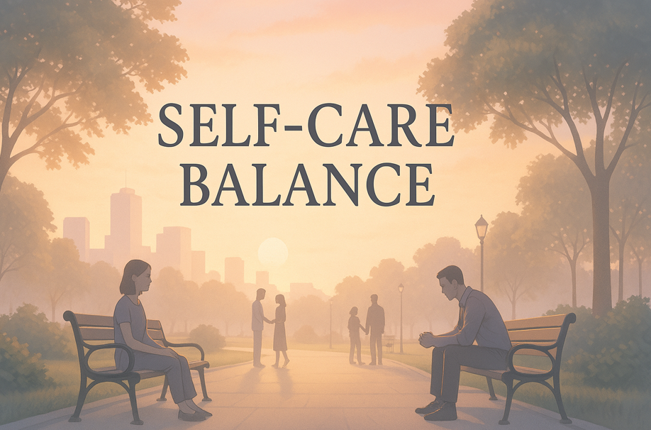 Balance Self-Care.A man and a woman sitting opposite each other