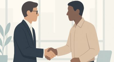 Two men shake hands and agree on a decision.Ingratiation Techniques