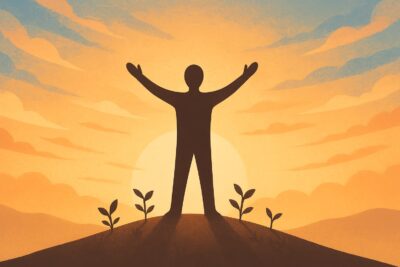 the shadow of a person raising his hands to the sky surrounded by plants, self-esteem
