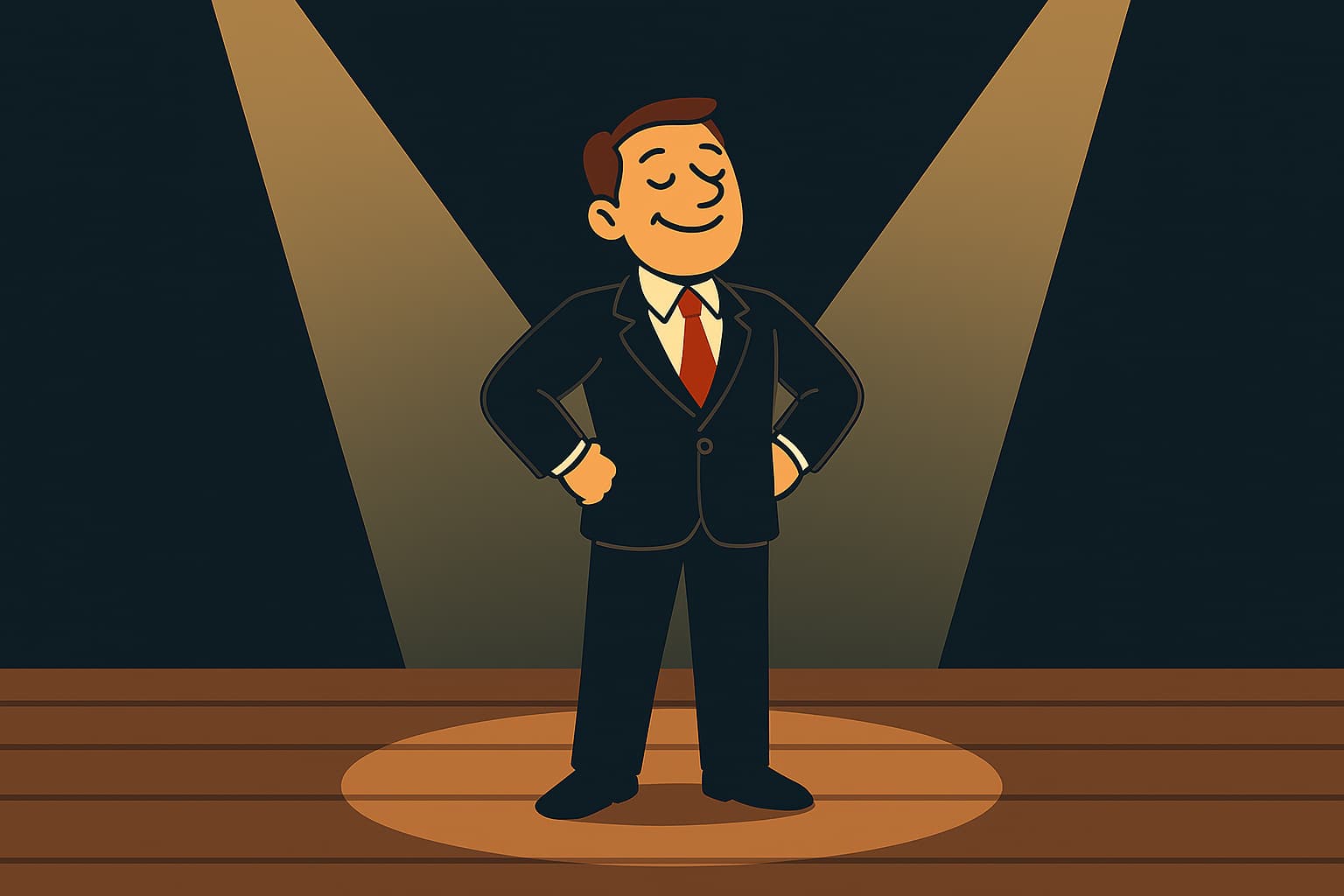 A person in a suit stands smiling on stage with the spotlight on him.Self Promotion