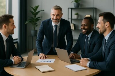 Laughing and happy company executives and managers meeting. leading without authority