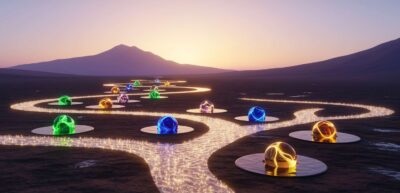 A sparkling, radiant river surrounded by pools containing fantastical colorful crystal balls in a dreamland covered by mountains bathed in sunlight.Time is Your Life