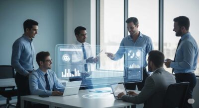 Conversation between a team at a company office and a digital screen, ai emotional intelligence