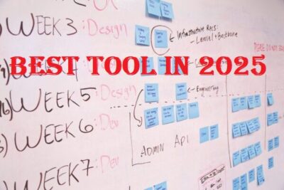 A detailed project timeline featuring design and development phases on a whiteboard with sticky notes. Team Collaboration Tools