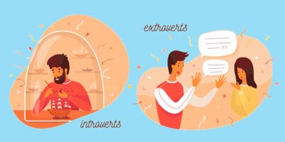 Introvert and extrovert individuality Introversion man makes ship model enjoys loneliness and hobbies extroversion guy talking with woman enjoying people conversation.Boasting