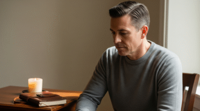 A man practices reflective and self-awareness and reflects on his past, a journal with a man in an office