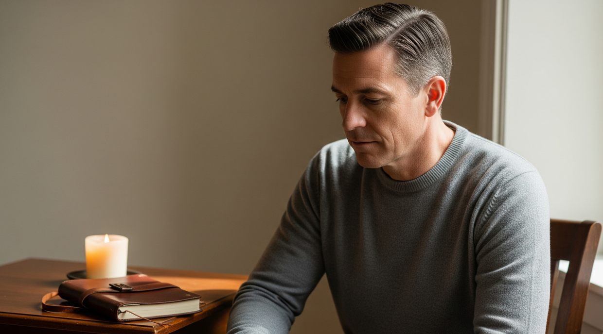 A man practices reflective and self-awareness and reflects on his past, a journal with a man in an office